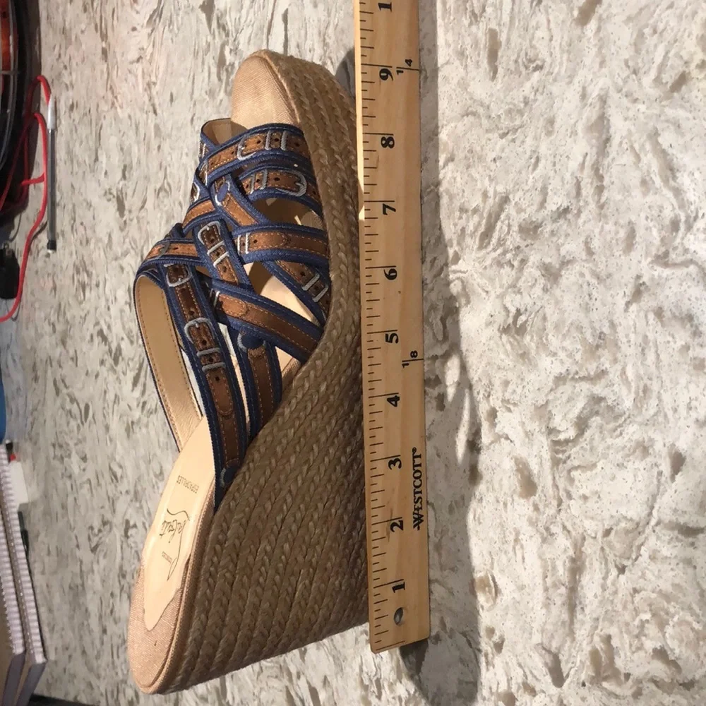 Christian Louboutin Navy and Tan Woven Espadrille Wedge Slides